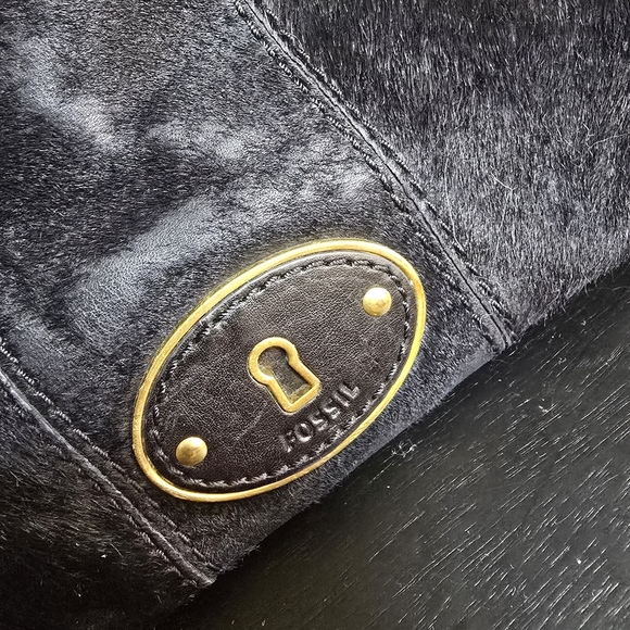 Fossil Vintage Reissue Calf Hair Leather Top Zip Satchel Handbag Black - Picture 2 of 8
